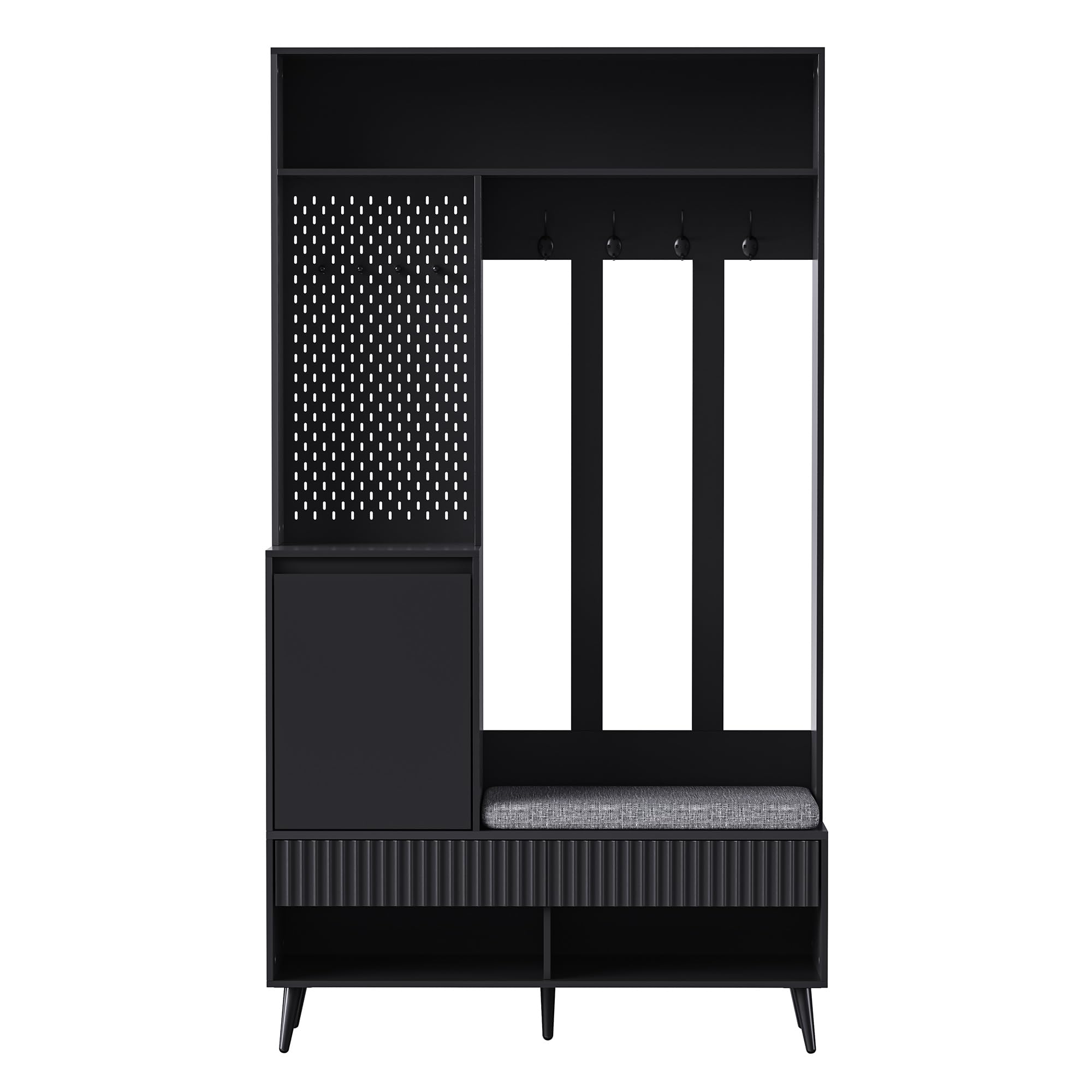 Juego de muebles de entrada que incluye un perchero y un banco para zapatos, vestuario de pared de entrada con 4 ganchos, dos cajones, 1 puerta, y un práctico panel de pared perforado para el pasillo
