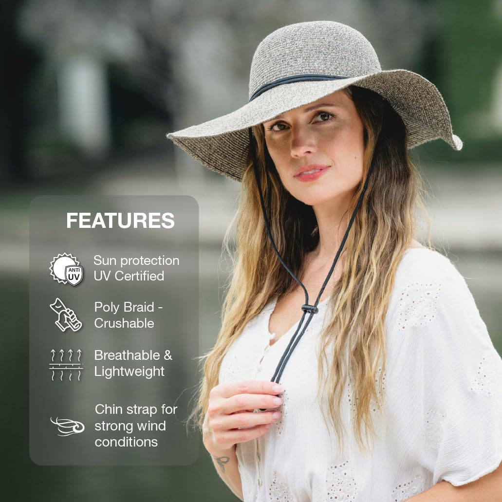 Marina Wide Brim Sun Hat for Women Straw-Style Lightweight Packable UV SPF 80 with Cord & Chin Strap