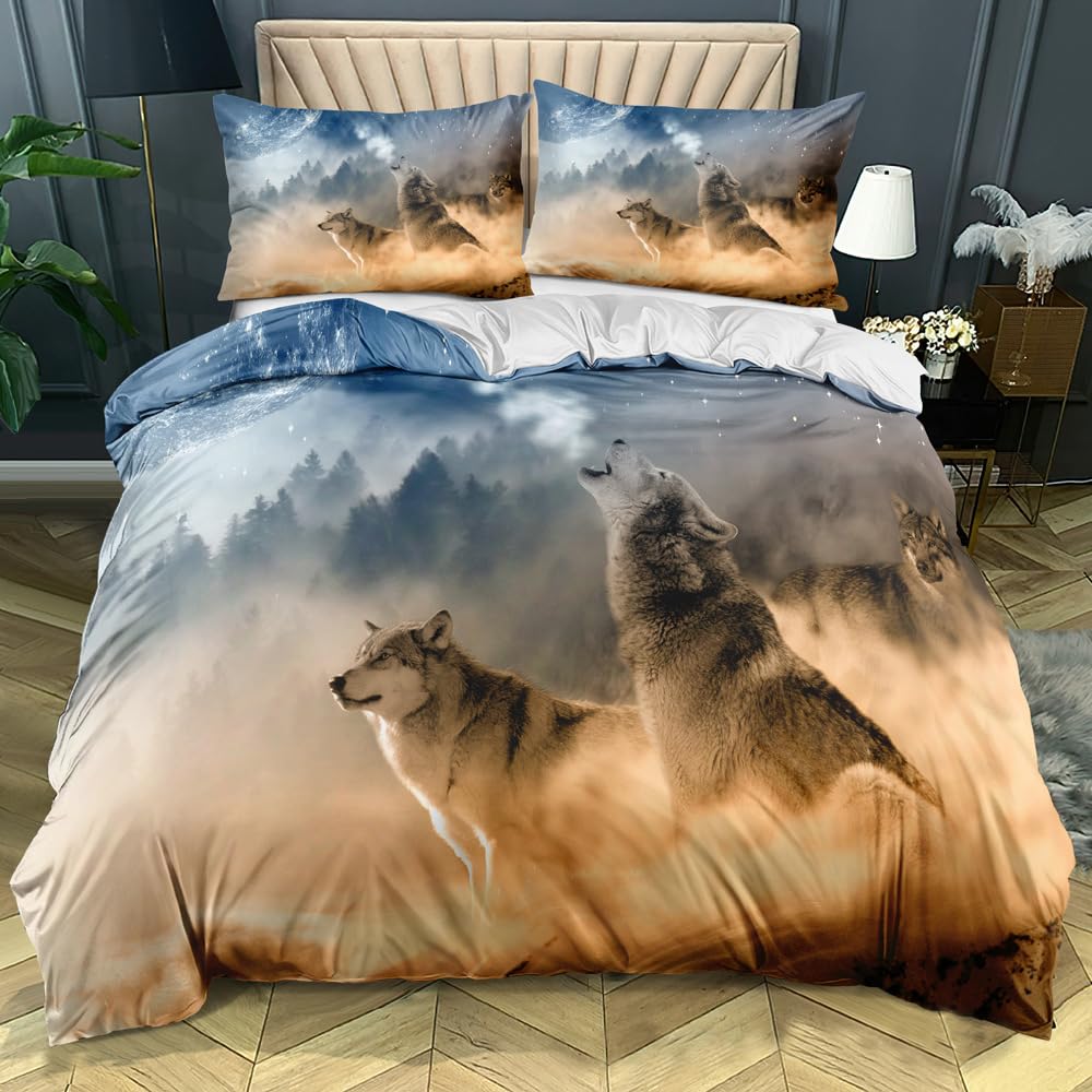 Sleepdown Dekbedovertrekset met kussensloop, motief: Wolf, meerkleurig, voor eenpersoonsbed, 135 x 200 cm