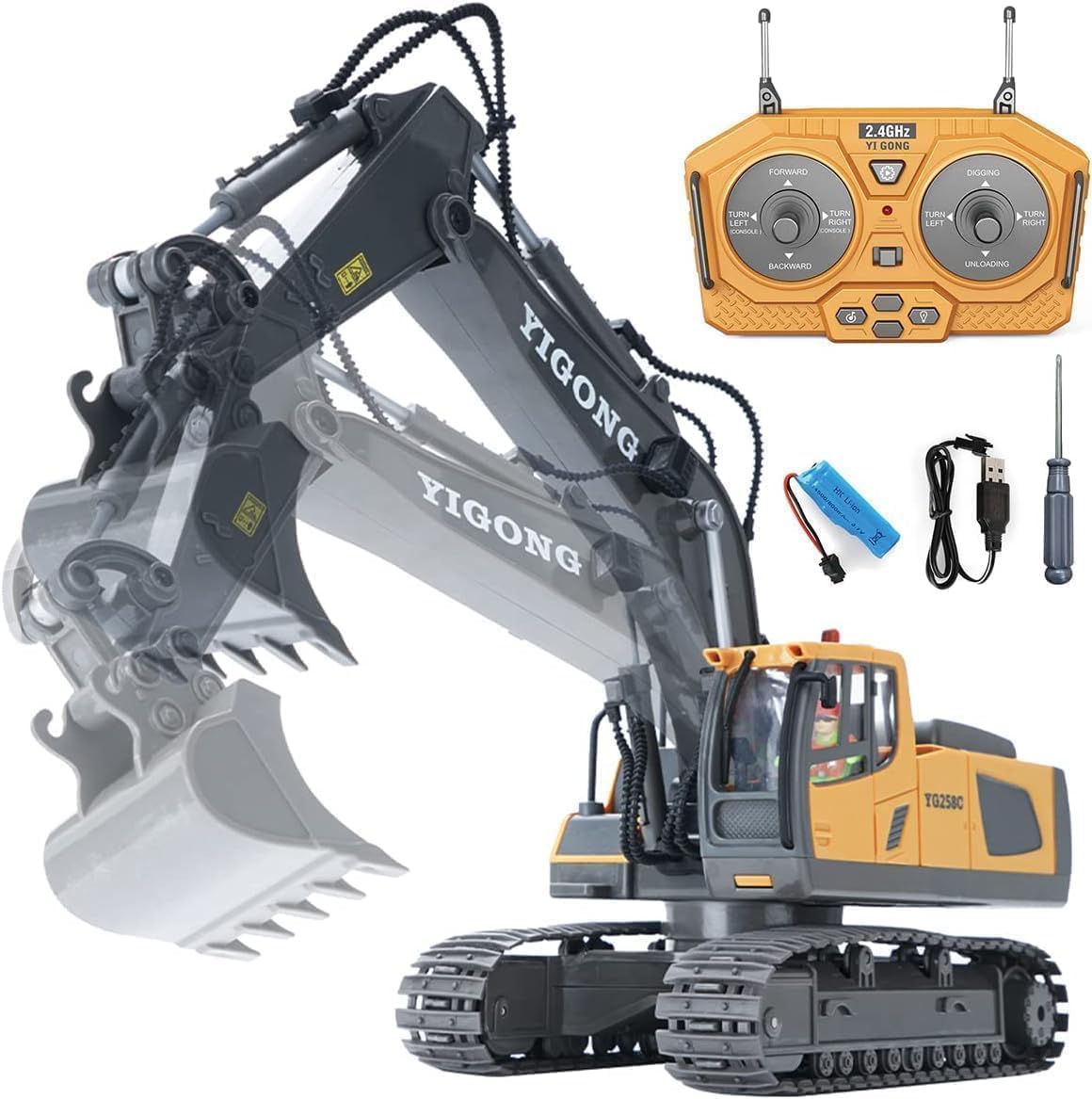 2.4GHz 11 Channel Remote Control Alloy Excavator Toy with Rechargeable Battery, Realistic Digging Bucket, 680° Rotation, Lights & Sound for Kids Age 6+-image-13