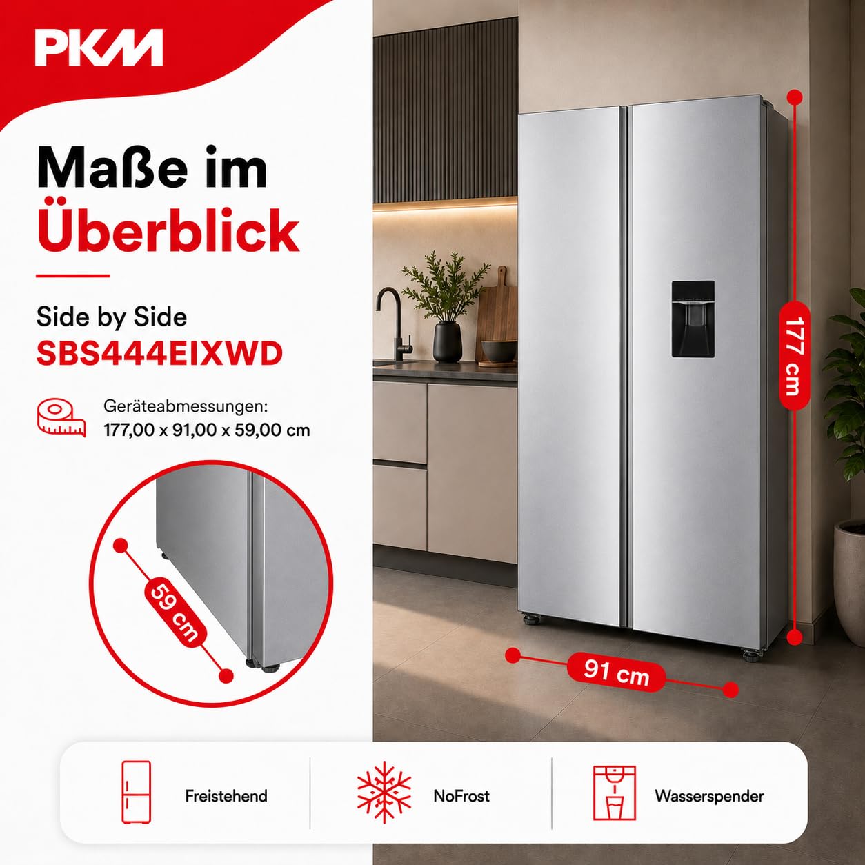 PKM SBS444EIXWD, Side by Side Kühl-Gefrierkombination, 439 L, 2-türig mit Wasserspender, Inox Design