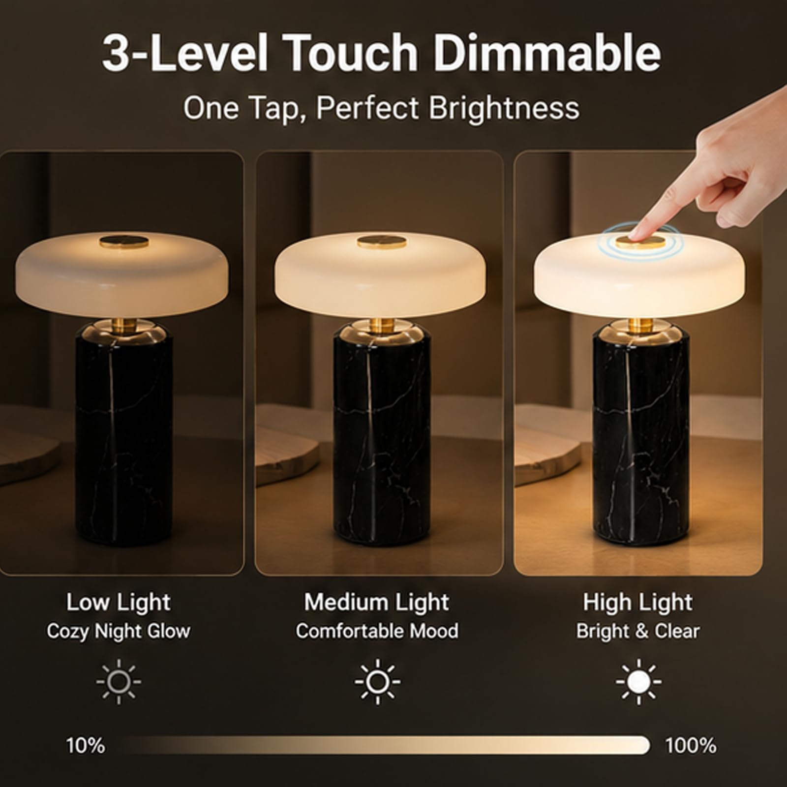 Lámpara de mesa táctil recargable de piedra de lujo de mármol, luz nocturna de mármol de piedra con pantalla de vidrio de leche, luz decorativa/regulable de 3 vías, para dormitorio, sala de estar red