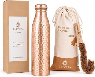 100% Pure Copper Water Bottle 32 oz / 950 ml - Leak Proof Bottle with Gift Pouch, Handmade Hammered Design, BPA Free Reusable Bottle with Cleaning Brush for Yoga Gym Travel