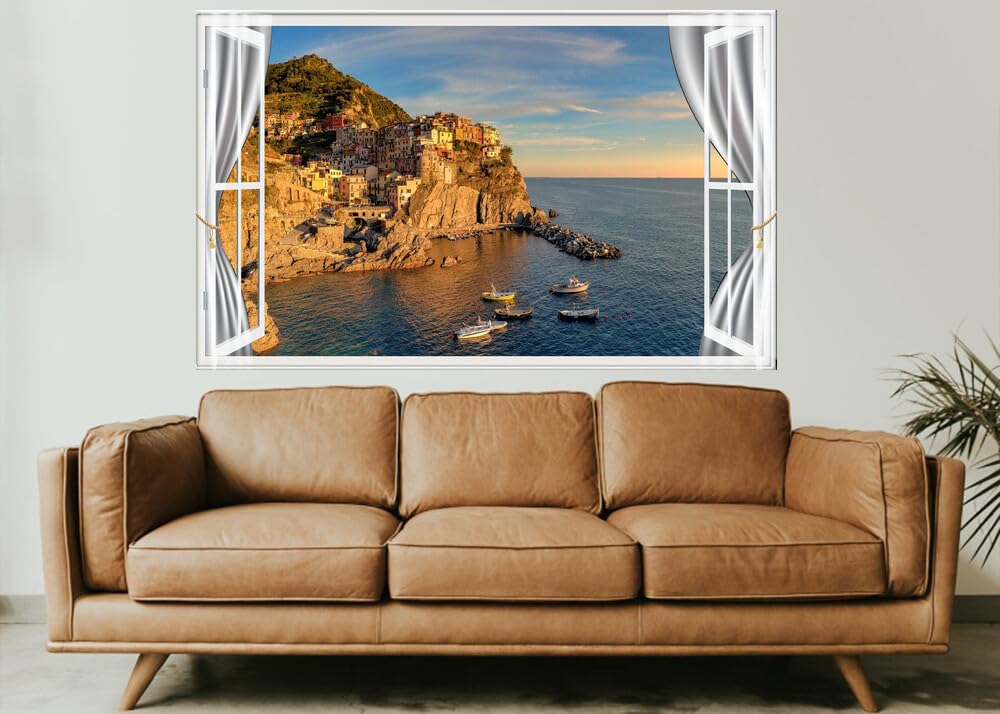 JVERF - JZZE07104 Italy Liguria Sea Mountains Manarola Crag| Self-Adhesive Open Window Wall Sticker
