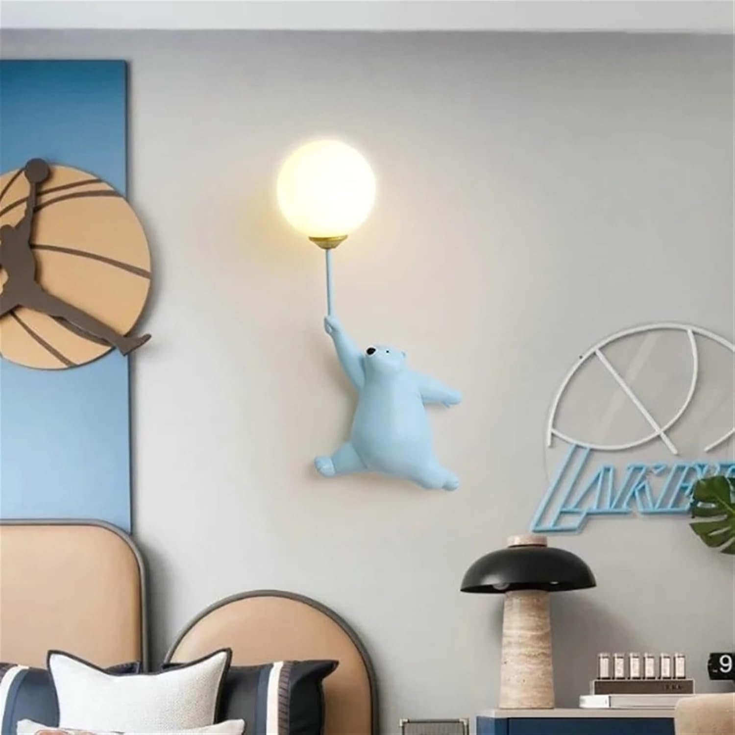 WJJHERRH Resin Lamp Body with 3D Moon Frosted Glass Lampshade Wall Creative Cartoon Bear Light for Living Room(White)