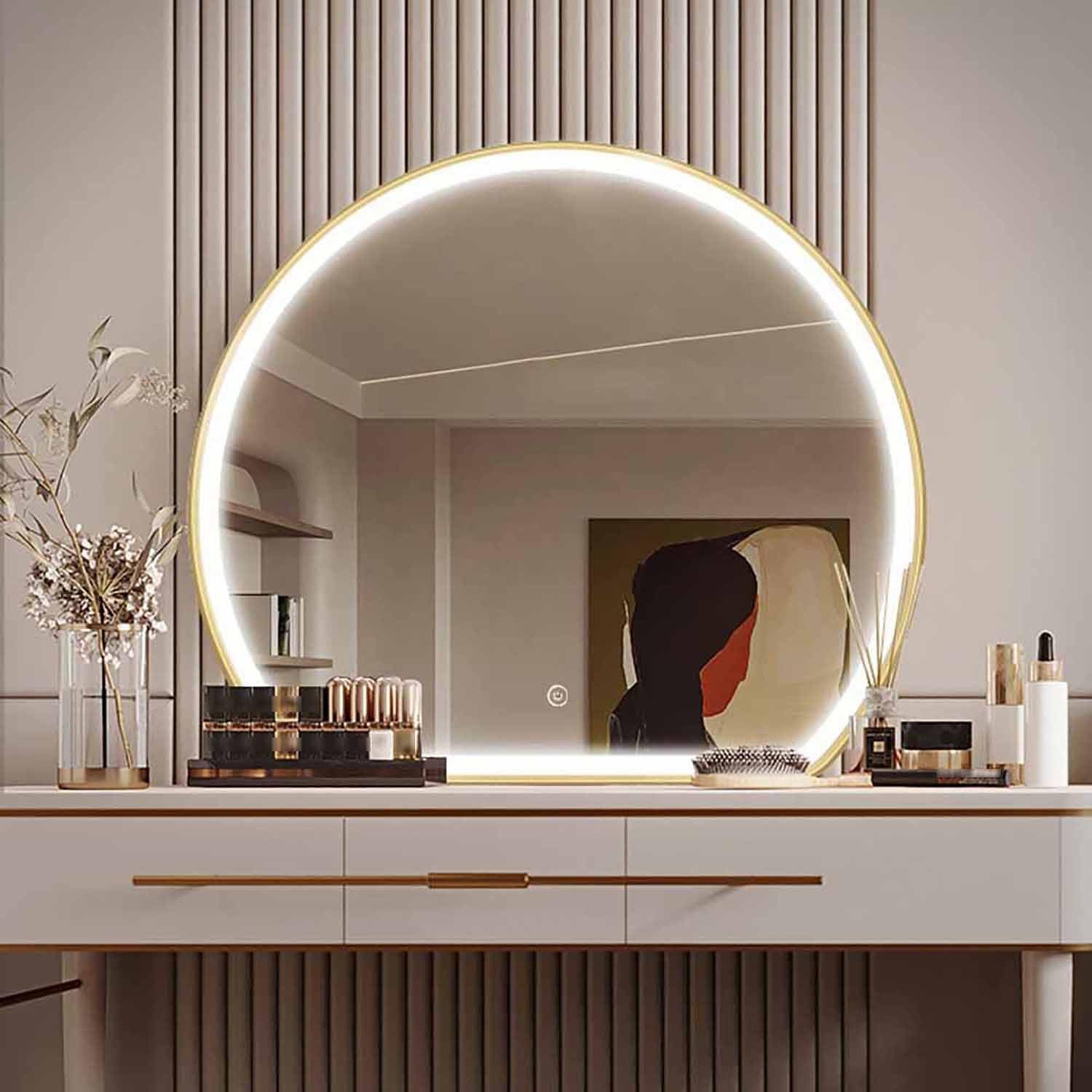 Miroir de salle de bain LED or 90 cm avec verre haute définition et cadre