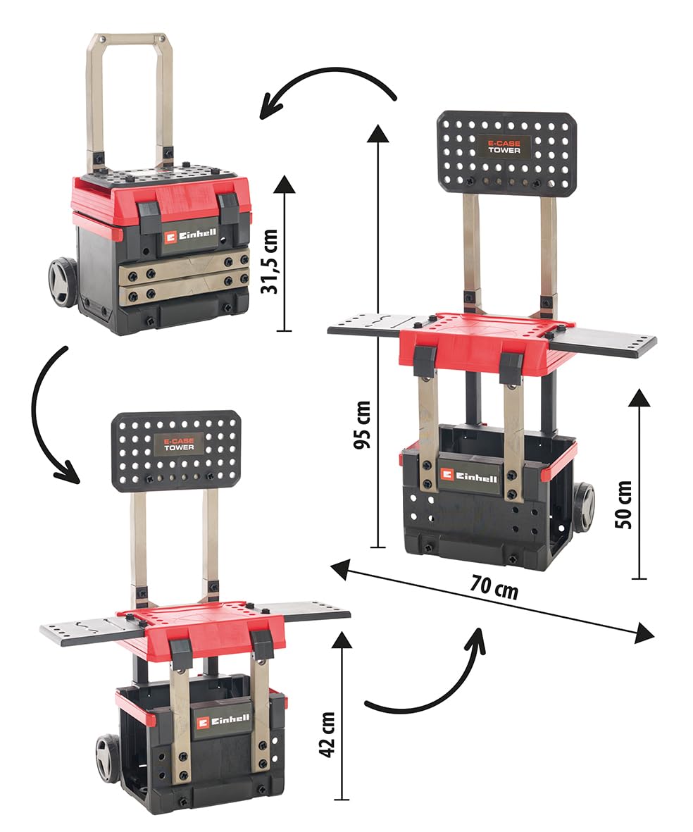 Einhell E-Case Werkbank 110-tlg., inkl. Mini-Schrauber, Stichsäge, Akku-Lampe und reichlich Zubehör, Größe ca. 70x33,5x95 (H) cm, Die erste transportfähige und mitwachsende Werkbank für Kinder. 3 Spie