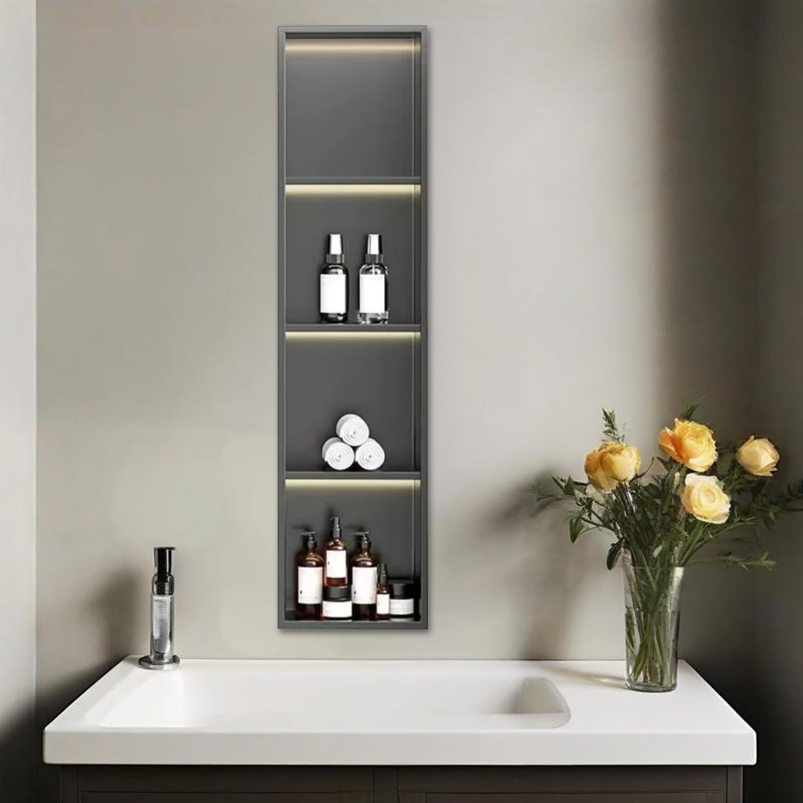 QUSYZD Shower Niche No Tile Needed Modern 304 Stainless Steel Wall-Inserted Niche Recessed Shower Shelf,Black,32x32cm,Black-120x28cm