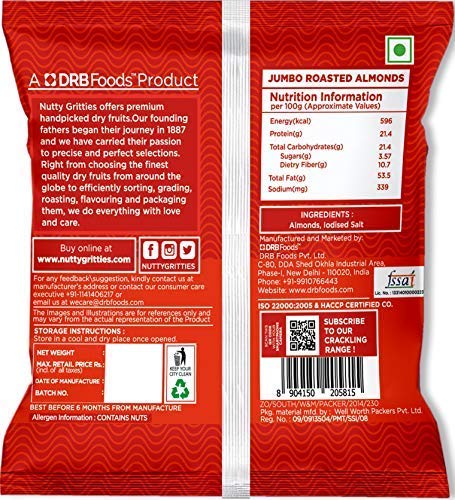 Image of Nutty Gritties California Roasted Almonds 48g, Lightly Salted, Dry Roasted, Non Fried, Zero Oil, Crunchy Healthy Snack