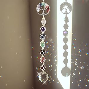 Atrapasoles Cristal Adorno de 7 Chakras Piedras de Vida de Árbol Colgante de Bolas Cristal Feng Shui Decoracion Jardin Exterior Coche Piedras Decorativas Prisma Chakras Cristal Adornos