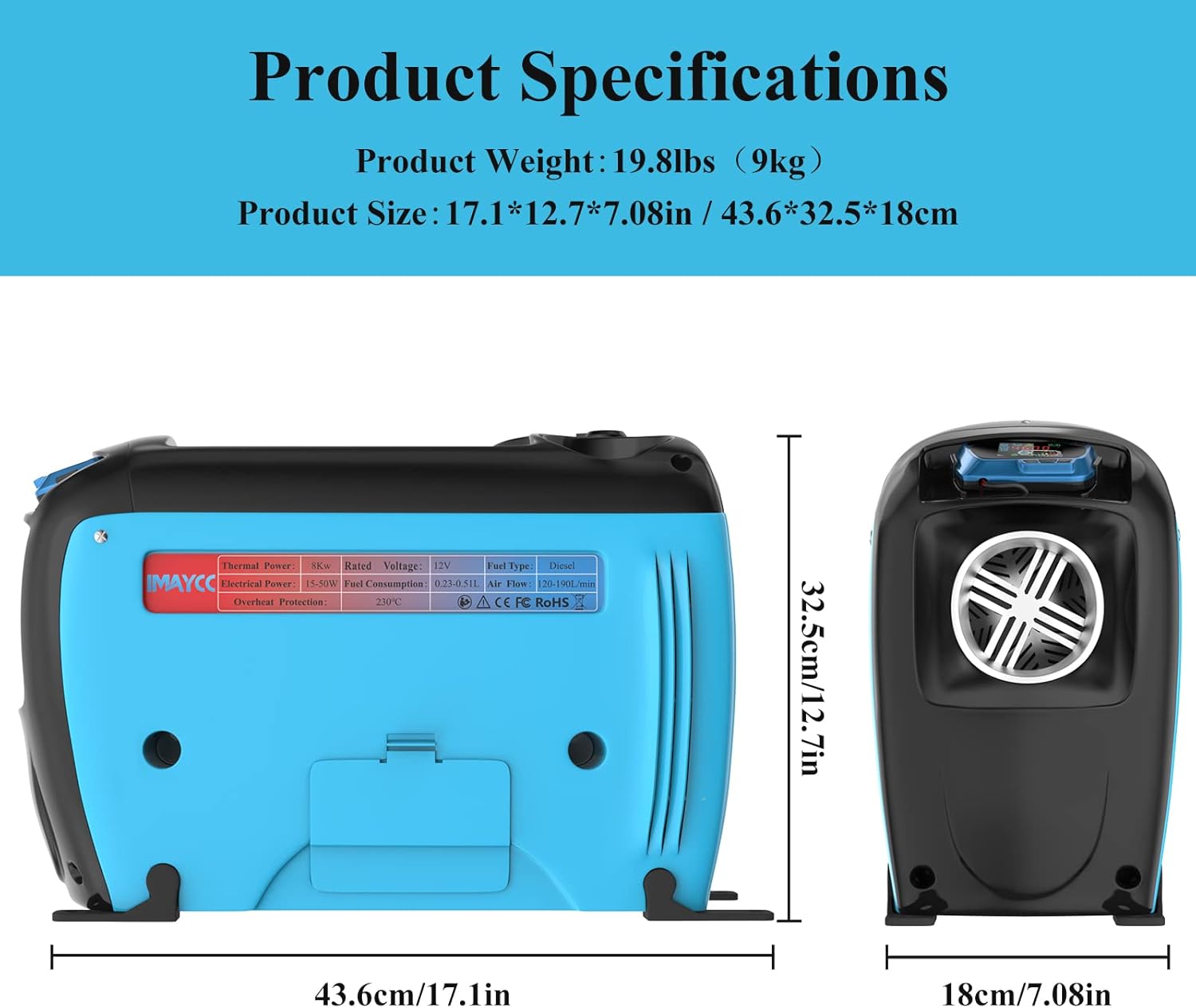 Product specifications and dimensions of the diesel air heater
