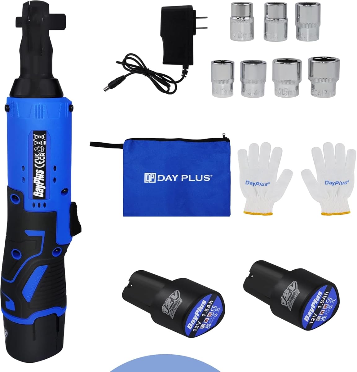 Qimu Cordless Electric Ratchet Wrench Set, 3/8" 12V Power Ratchet Driver Cordless Power Ratchet Tool Kit with 2 Packs 1500mAh Lithium-Ion Battery, 7 sockets and Charger, LED Light