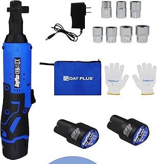 QiMu Cordless Electric Ratchet Wrench Set, Cordless Ratchet Right Angle Wrench,3/8" 12V Power Ratchet Tool Kit with 2 x 1500mAh Lithium-Ion Battery,7 sockets and Charger