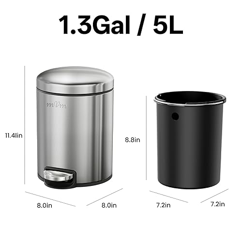 Miniatura 9 de mVm Bote de basura pequeño con tapa, cubo de basura de baño de 1.3 gales5 litros, cubo de basura redondo de acero inoxidable (negro)
