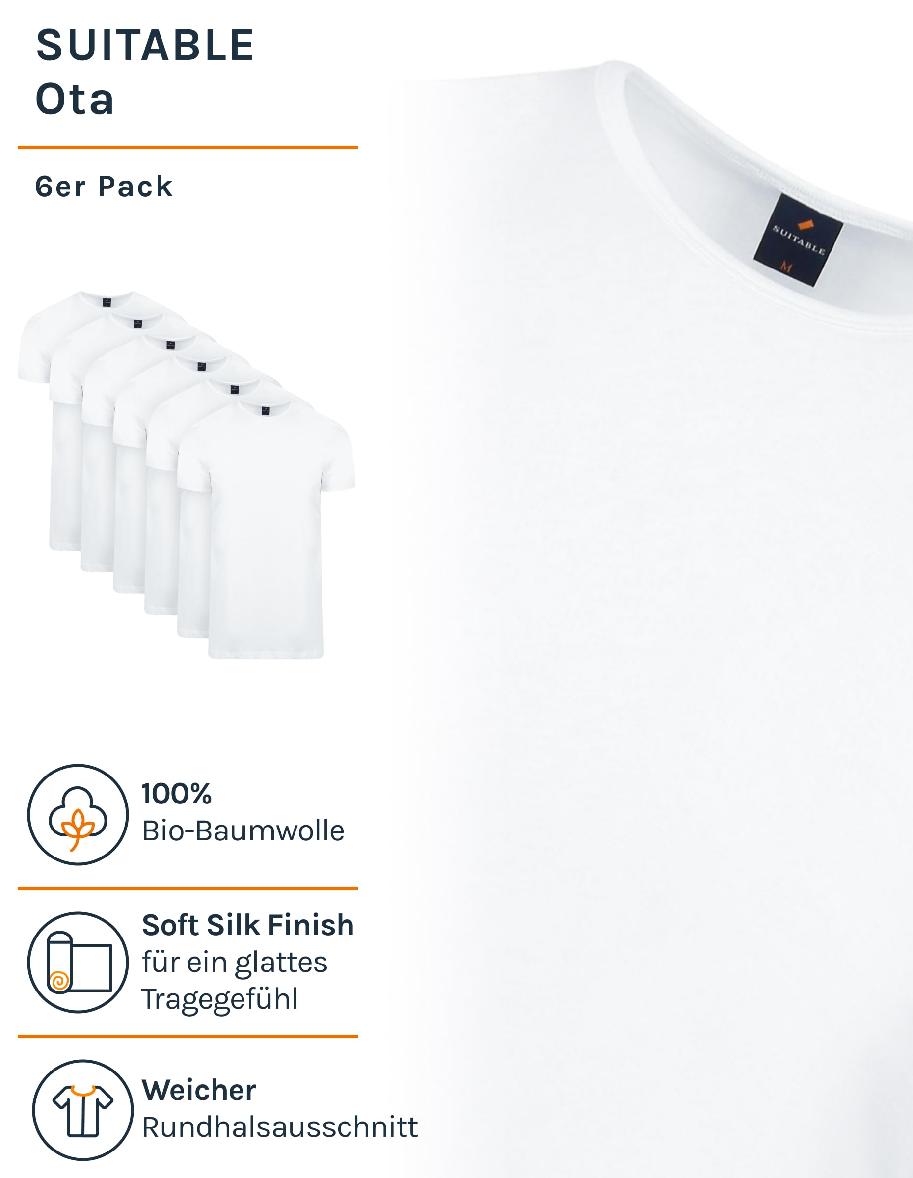 Suitable OTA Herren T-Shirts – 6er-Pack Weiße Basics mit Rundhalsausschnitt – Modern Fit – Aus Bio-Baumwolle