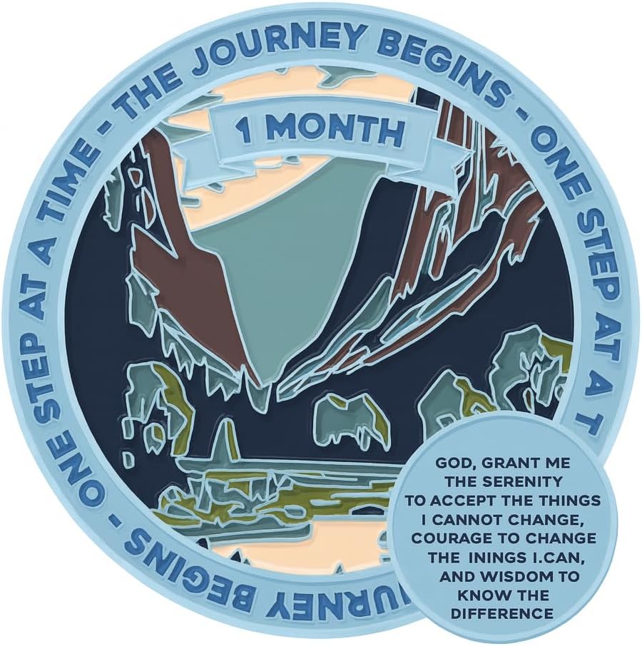 Sobriety Recovery Coin 1 Month - Yosemite Valley Design - AA 30 Day Coin with Serenity Prayer - One Day at a Time Inspirational Token - Keychain & Holder Included