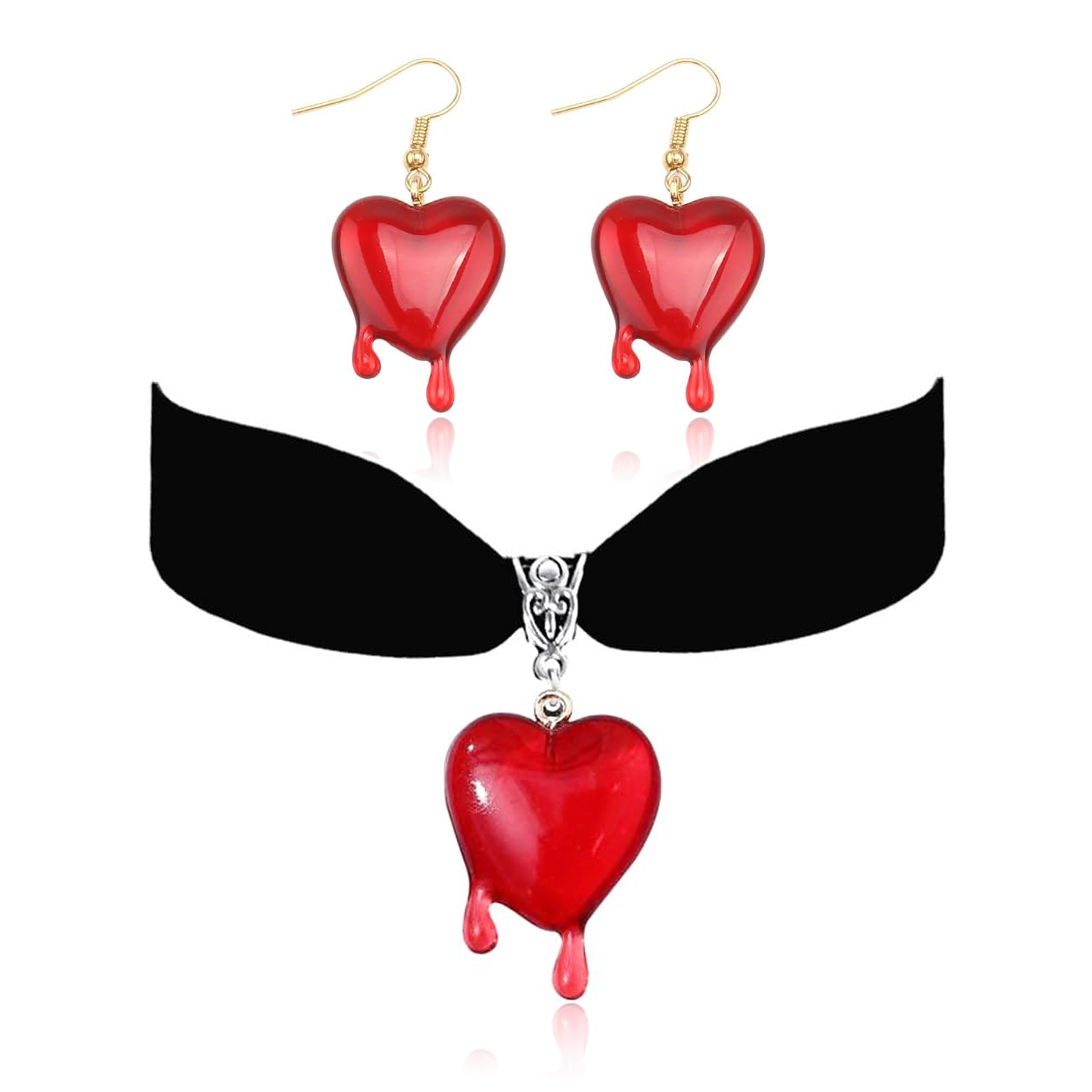 YANCHUN Gothic Vintage Necklace Earrings Vampire Costume Queen of Reds Costume Women Red Heart Drop Earring Halloween Jewelry Accessories