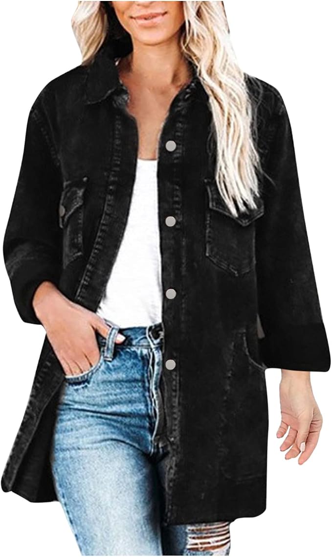 Plain Lapel Corduroy Jacket Blouses 