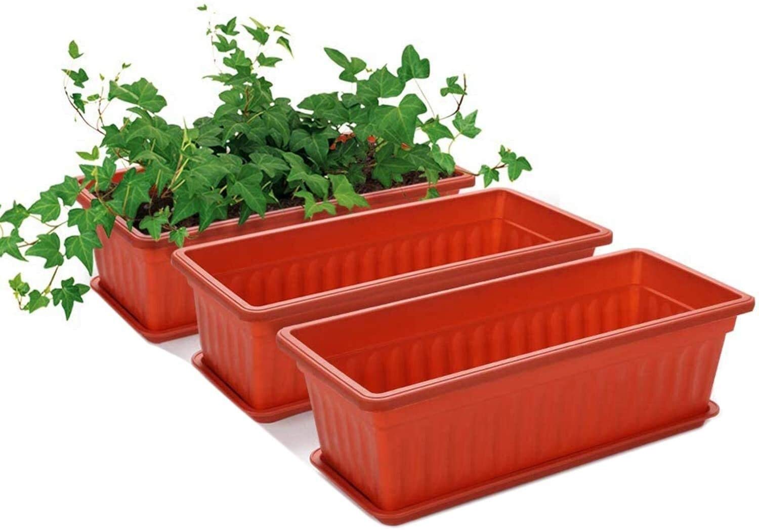 Vaorwne 3 Packs 17 Inches Terracotta Color Flower Window Box Plastic Planters, for Windowsill, Patio, Garden, Home DéCor, Porch WULE01