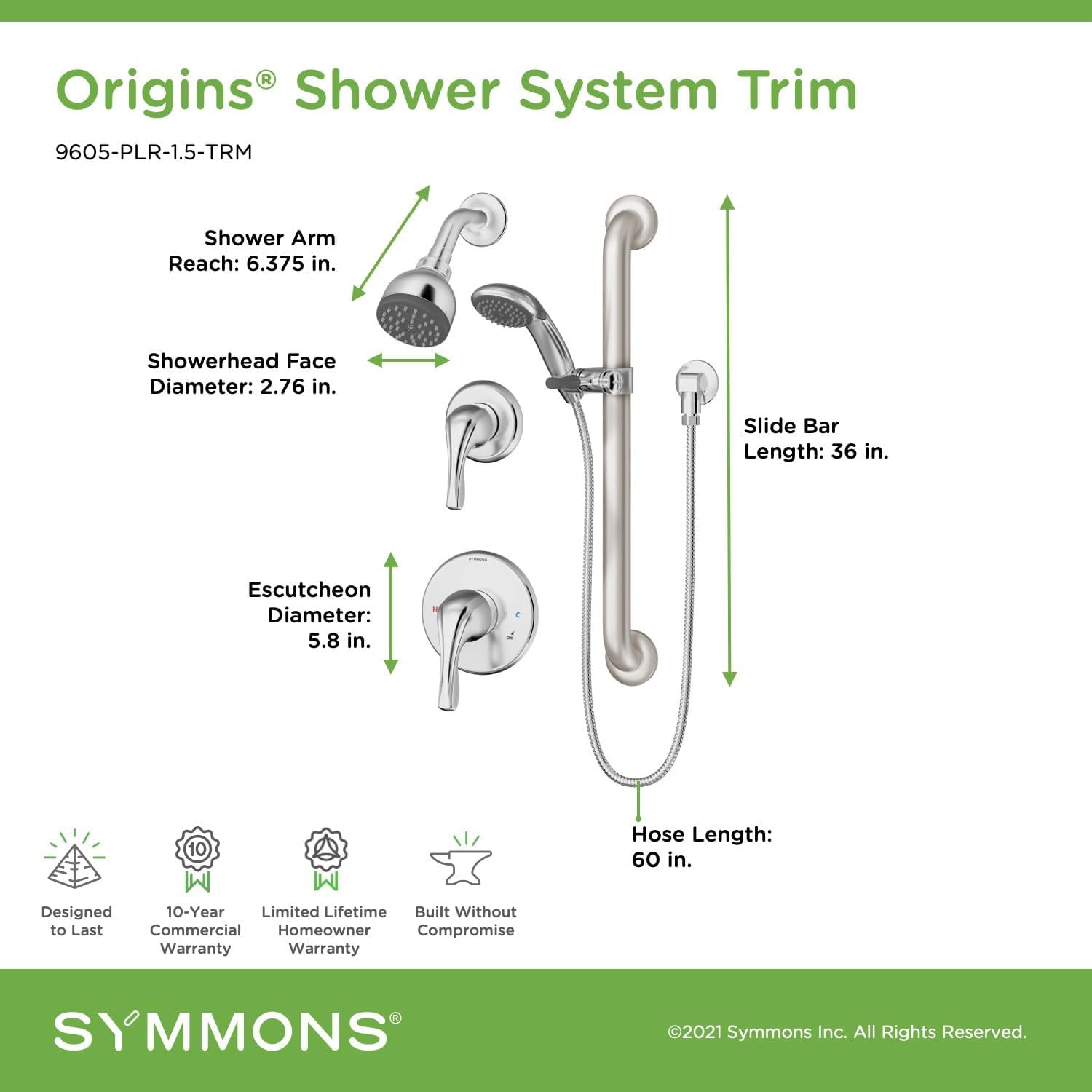 Symmons 9605-PLR-1.5-TRM-STN Origins 2-Handle 1-Spray Shower Trim with 1-Spray Hand Shower in Satin Nickel (Valves Not Included)