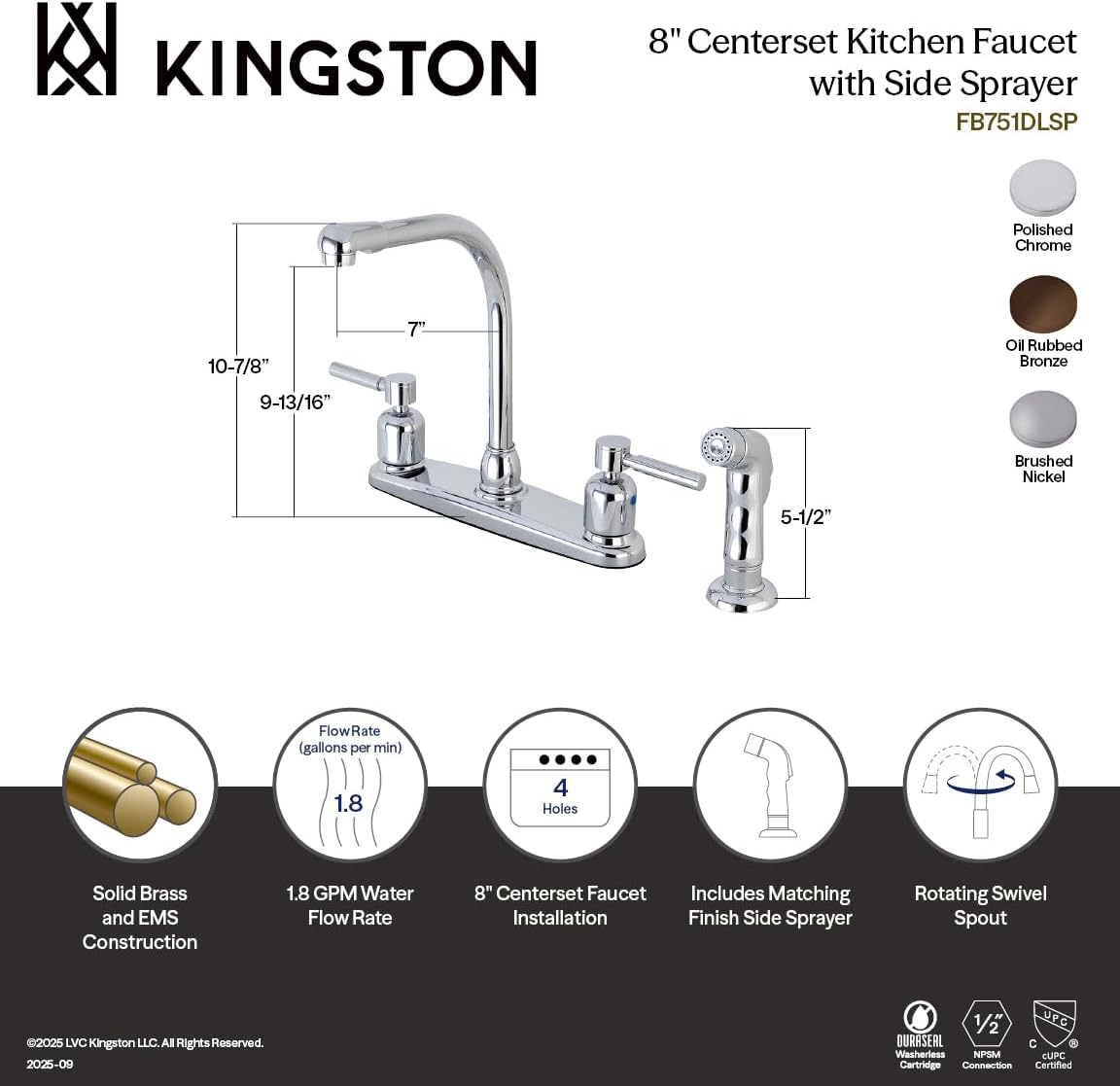Kingston Brass FB755DLSP Concord 8-Inch Centerset Kitchen Faucet with Sprayer, Oil Rubbed Bronze