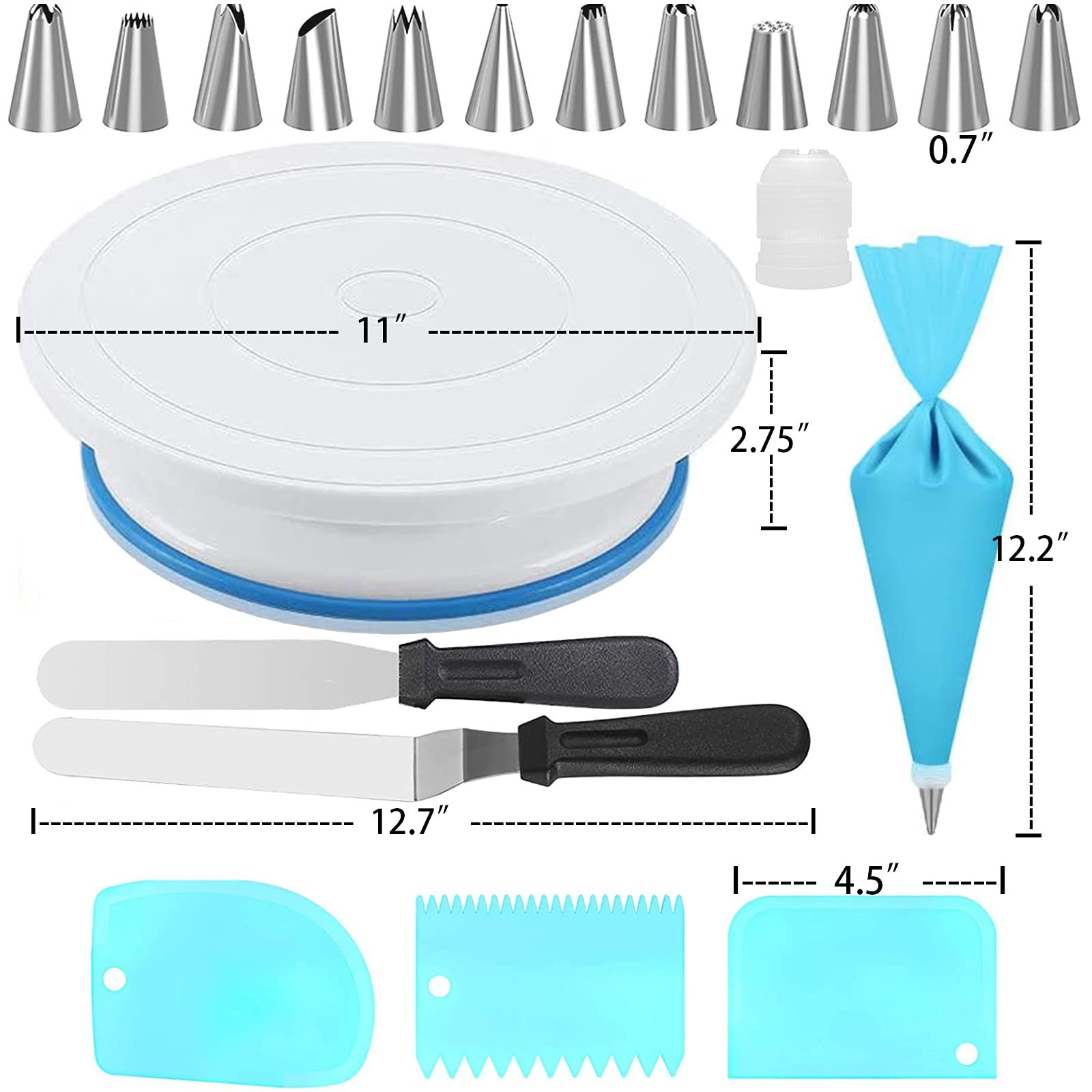 Springform-Kuchenform-Set und Kuchen-Drehteller & Dekorations-Kits, 10.2 cm/17.8 cm/22.9 cm, inklusive 50 Stück Kuchenpapier mit 12 Kuchendekorationsspitzen, schwarz