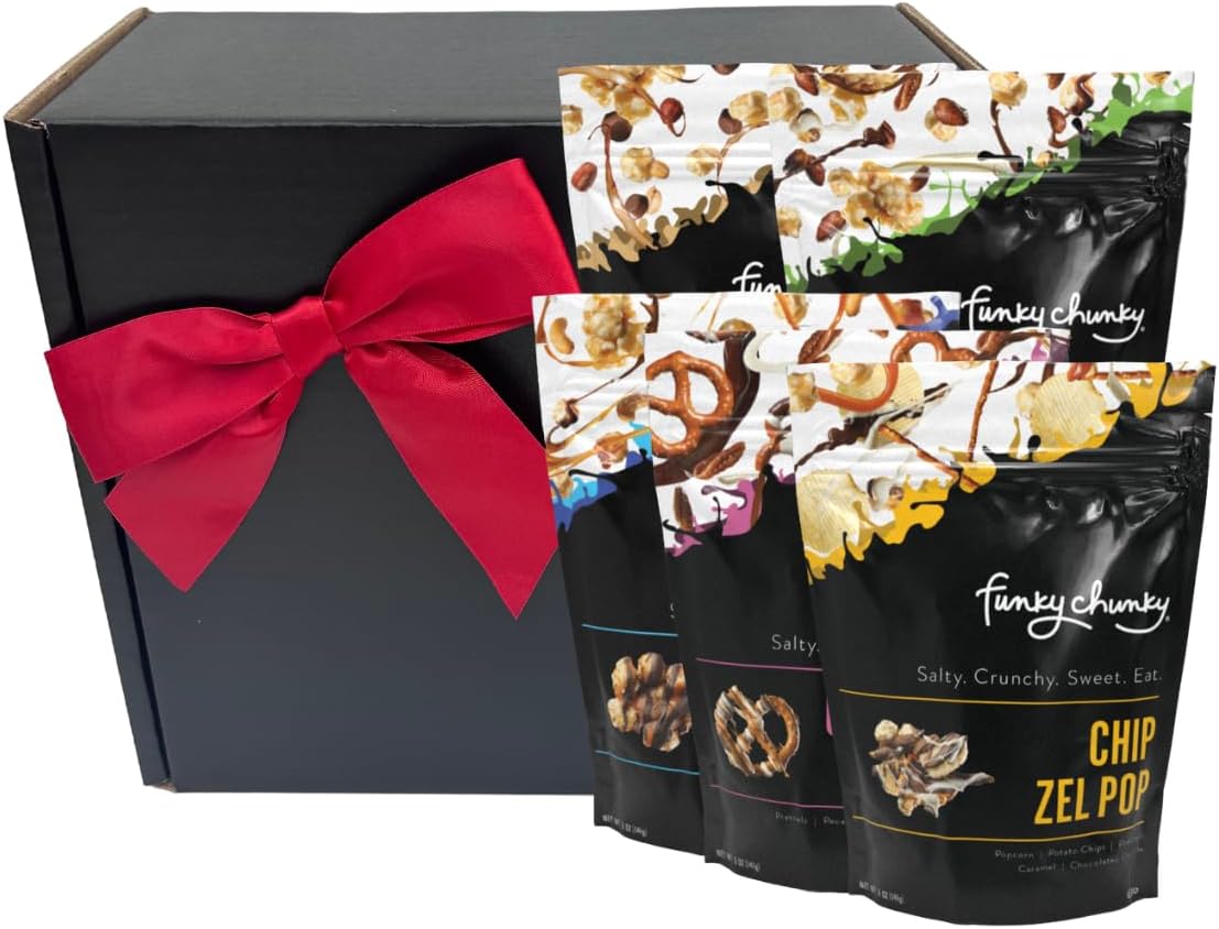 Funky Chunky | Gourmet Chocolate Popcorn Gift Box | Caramel, Nutty Choco Pop, PB Cup, Chip Zel Pop, Choc Prezel Flavors | 5oz Bags (5) Gift Box