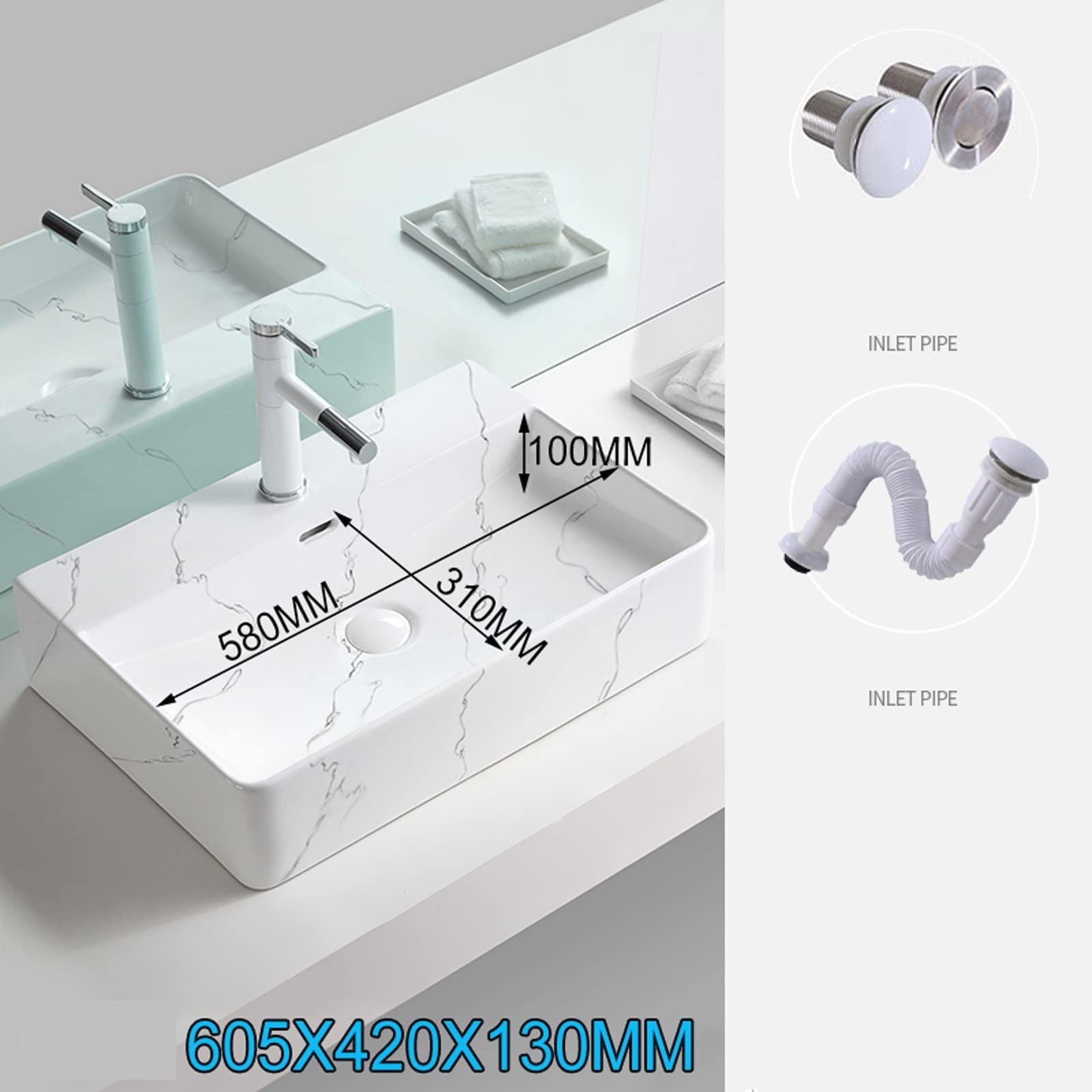 Umywalka wpuszczana do łazienki Prostokątna umywalka ceramiczna, umywalka do łazienki z białą marmurową teksturą, umywalka nablatowa z umywalką ceramiczną, umywalka nablatowa 23,8 "x 16,5" Umywalki ła