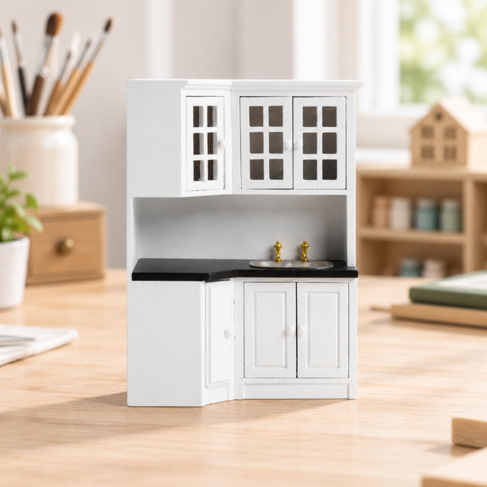 Armadietto da in Miniatura Compatto Armadietto da in Betulla 1:12 con Lavello e Rubinetti Fatto a Mano per Hobbisti Del Modellismo, Bianco