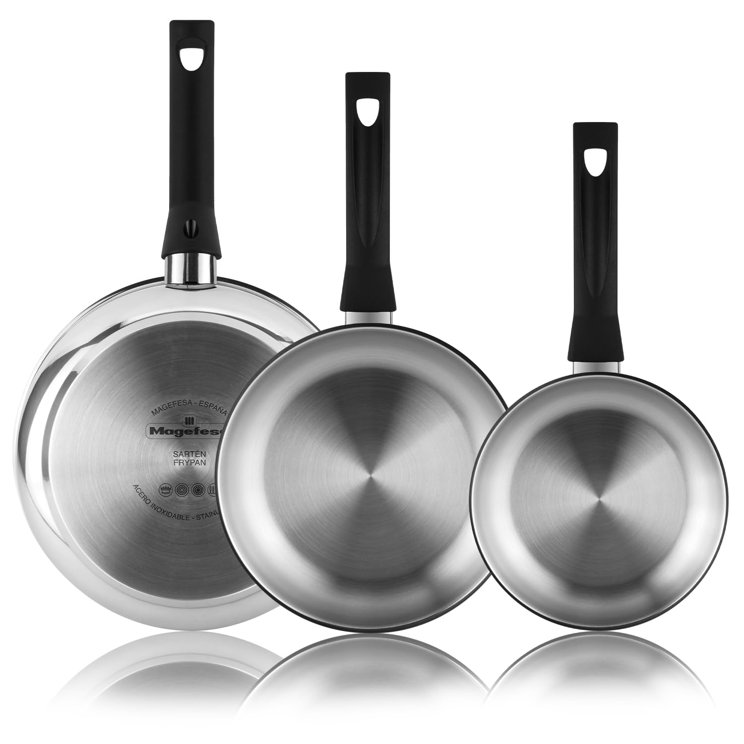 MAGEFESA Essencial Inox - Set de Sartenes 20 + 24 + 28cm, Acero Inoxidable, Sin Recubrimiento ni Antiadherente, Ecológicas, Inducción