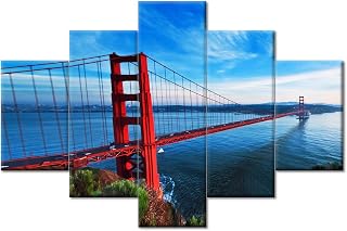 Canvas Wall Art Prints Landscape Golden Gate Bridge,San Francisco, Califonia Nature Scenery Painting Modern Artwork Picture for Living Room Bedroom Home Office Decor Five Piece