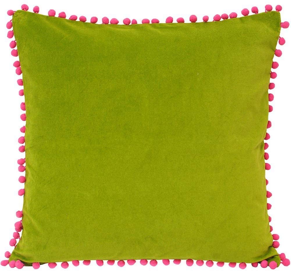 Riva Paoletti Velvet Pompom Cushion Cover - Green - Faux Velvet Fabric - Contrasting Fuchsia Pink Pompom Edges - Hidden Zip Closure - 100% Soft Cotton - 45 x 45cm (18" x 18" inches)