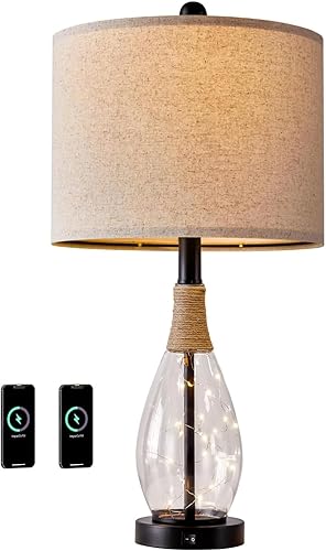 Miniatura 9 de OYEARS Lámpara de mesa USB A+C de 23 pulgadas para dormitorio, sala de estar, lámparas de noche modernas retro de casa de campo de ratán de cristal