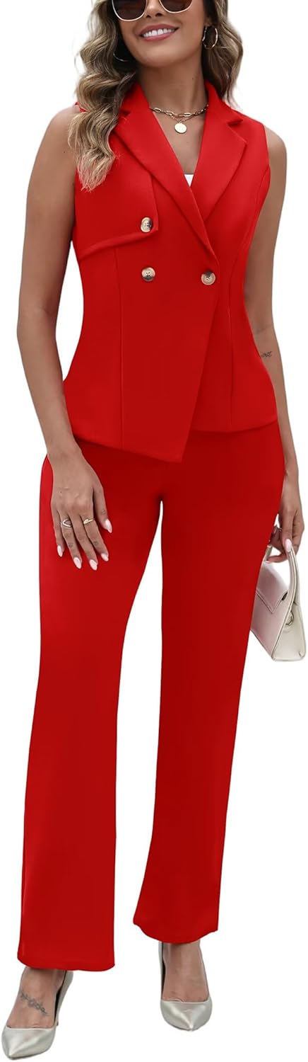 Pant Suits for Women Dressy V Neck Sleeveless Vest Blazer Wide Leg Pants Sets 2 Piece Business Casual Work Outfit - Image 6