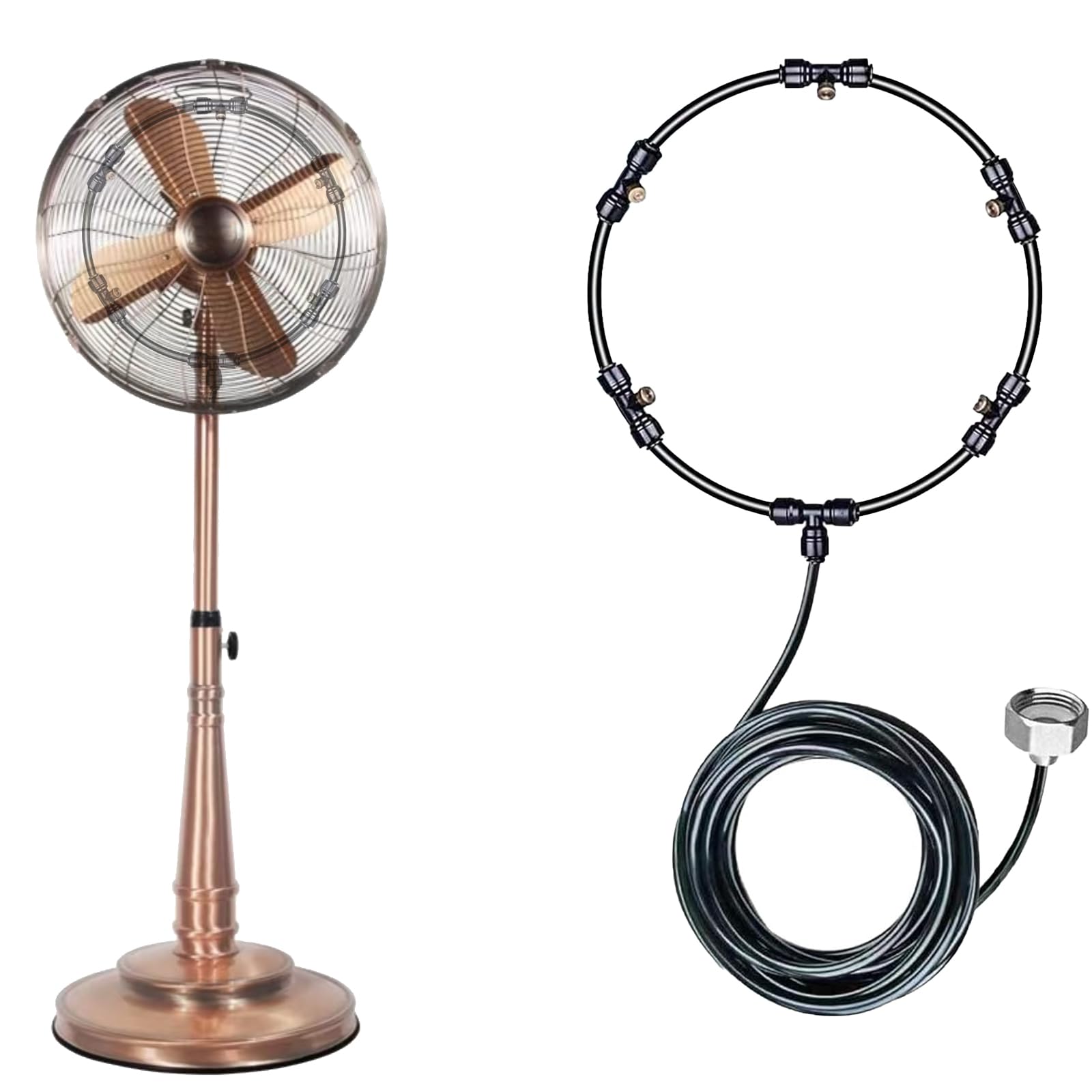 SOHEJU Outdoor spray fan kit, for cool courtyard breeze, outdoor cooling water mist spray, 26.3-foot (8-meter) spray line + 5 brass spray nozzles + brass adapter (3/4) suitable for any outdoor fan