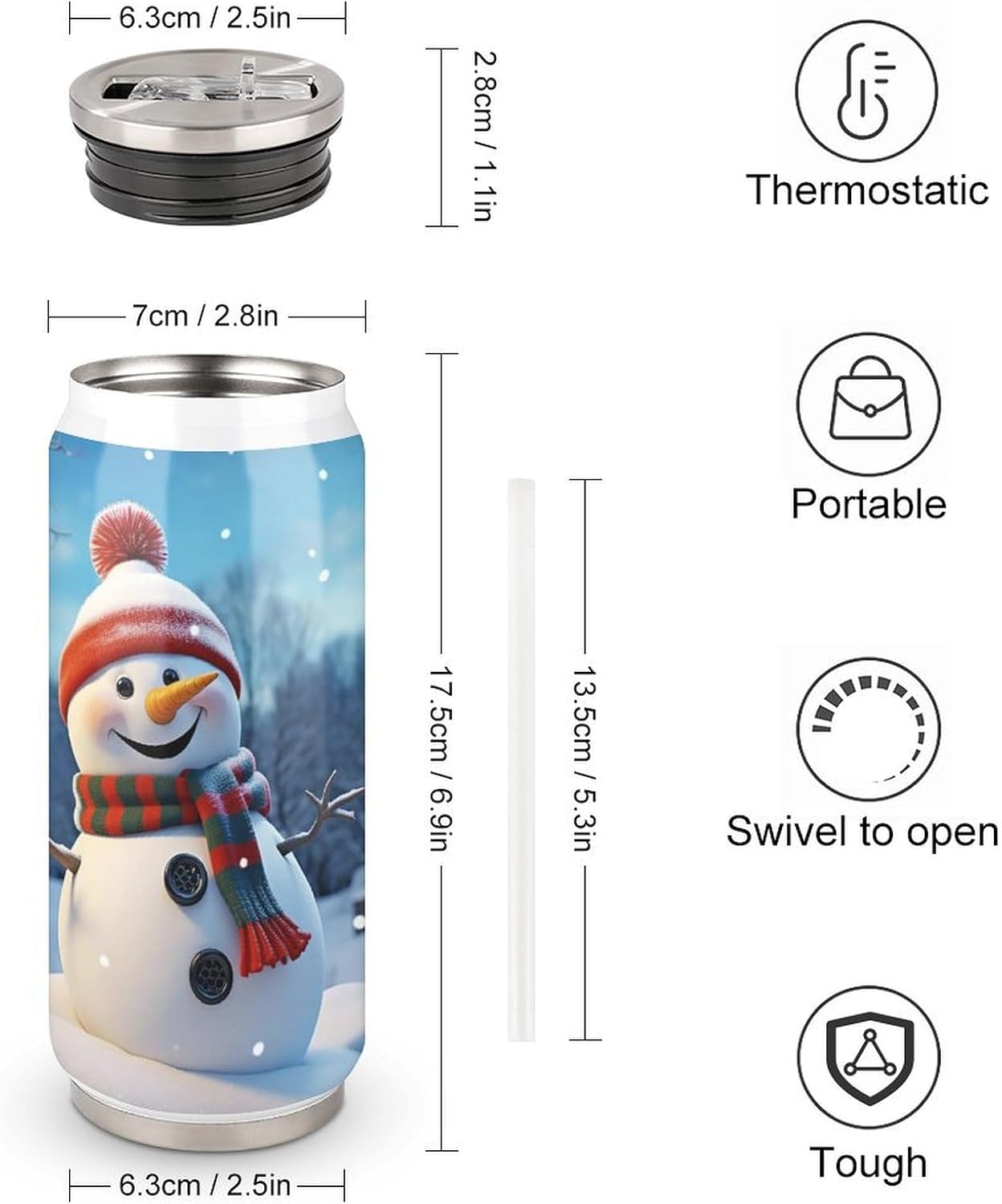 Stainless Steel Cups Happy Snowman Printed Coke Cup Stainless Steel Insulated Cups with Lid And Straw