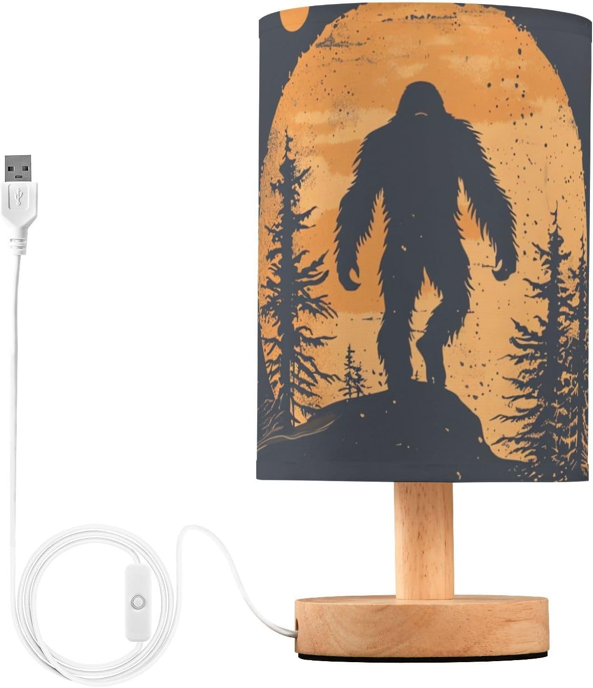 Decor Bedside Table Lamp Sasquatch Silhouette Forest with USB Port for Bedroom Nightstand Lamp with Round Flaxen Fabric Shade for Living Room, Dorm, Home Office LED Bulb Included