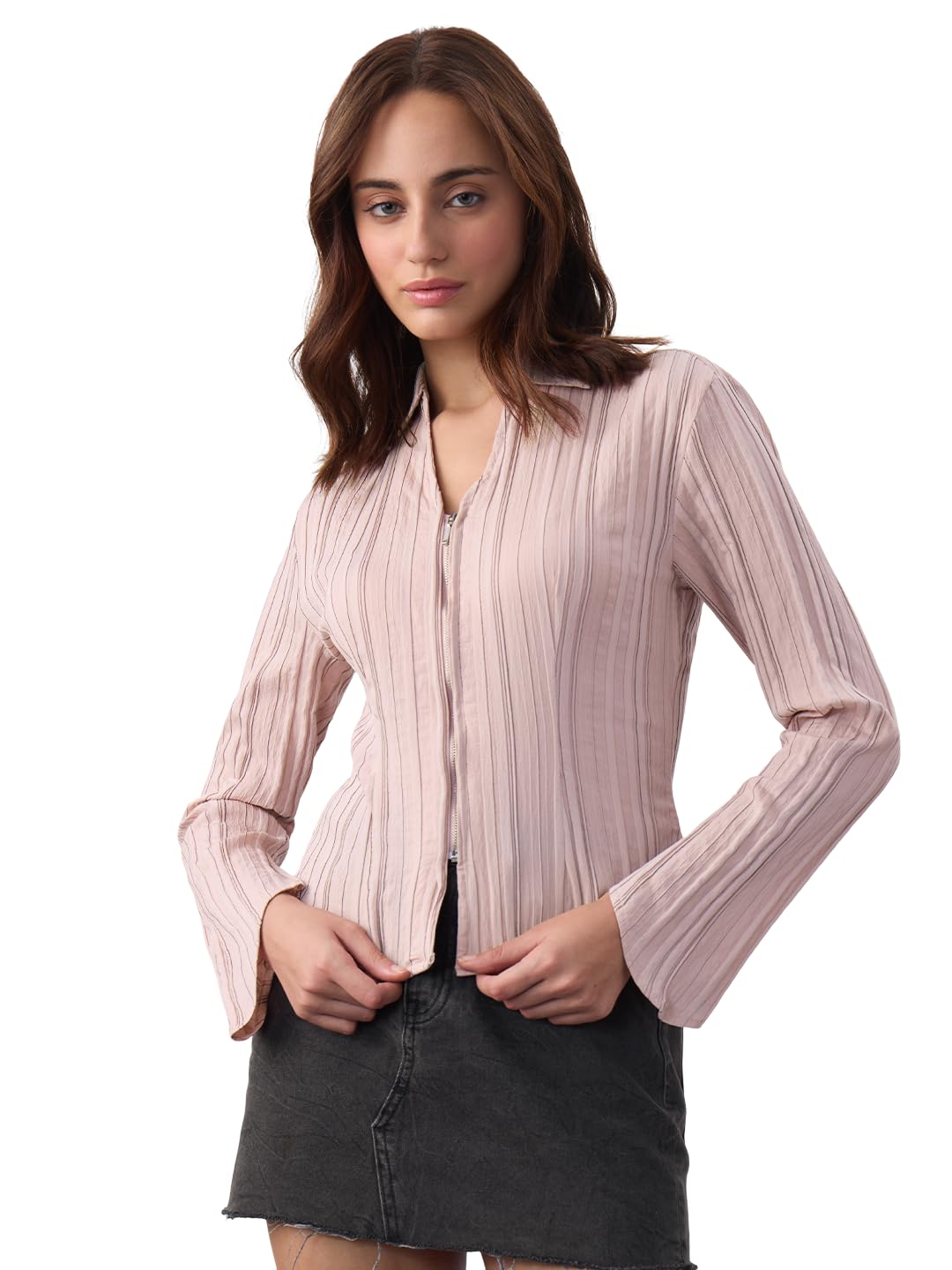 The Souled Store Zipper Shirt: Women and Girls Full Sleeves Round Neck Textured Viscose Blend Slim Fit Lightweight Breathable Smart Casual Shirt for Everyday Summer Wear