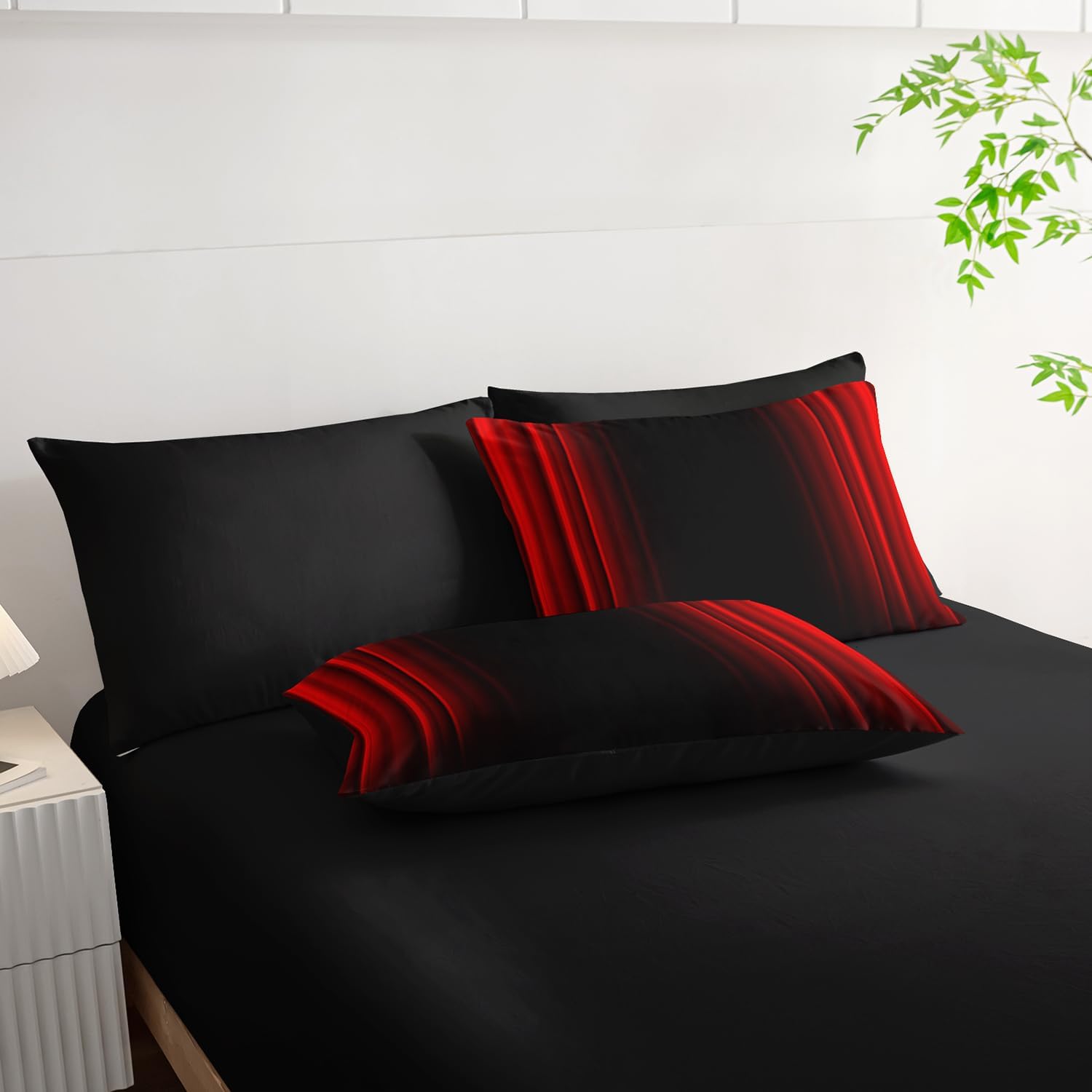 Nttopship Red and Black Bedding Set Queen Size Abstract Ombre Comforter Set Bedding Set 7 Piece in A Bag,Dark Quilt Set Mordern Art Decor All Seasons with Pillowcases,Flat, Fitted Sheet