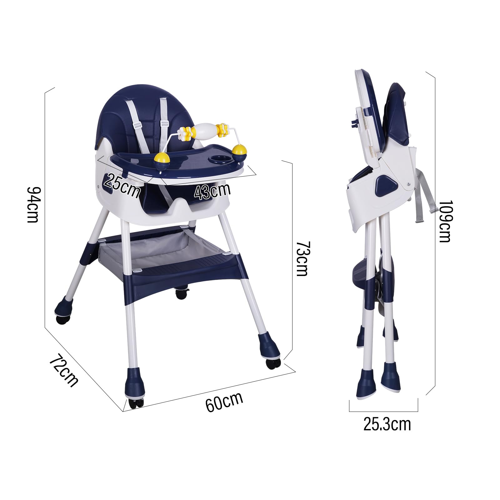 Chaise Haute Bébé Pliable Chaise Enfant Voyage avec roulettes, dossier réglable, tablette amovible, siège avec ceinture de sécurité pour 6 mois à 6 ans Repas Bébé 20kg (Bleu foncé)