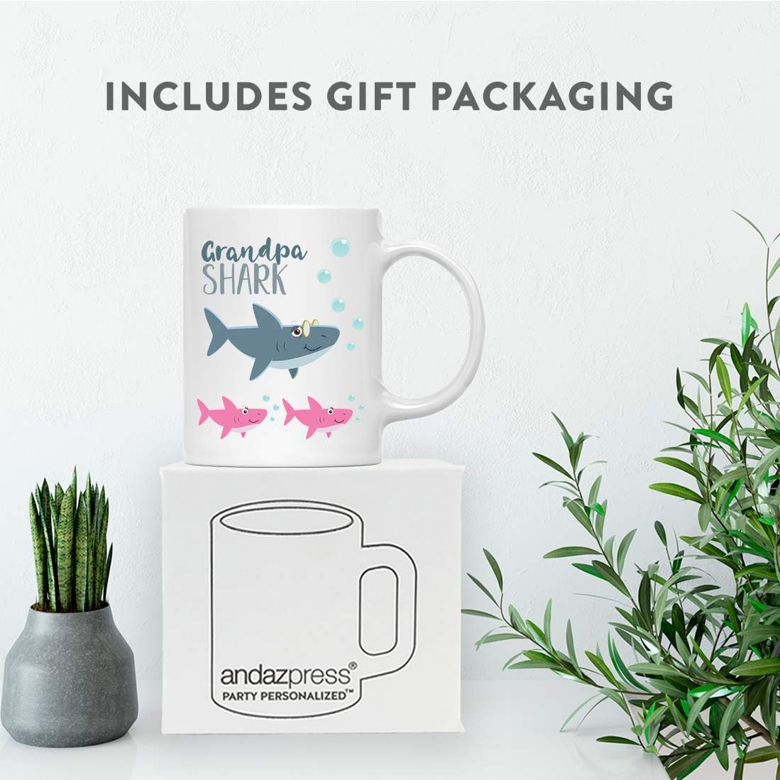 Andaz Press Baby Shark Family Father's Day 11oz. Coffee Mug Gift, Grandpa Shark, Two Girls, 1-Pack, Shark Do Do Do Gift Idea Birthday Christmas Gifts for Grandpa