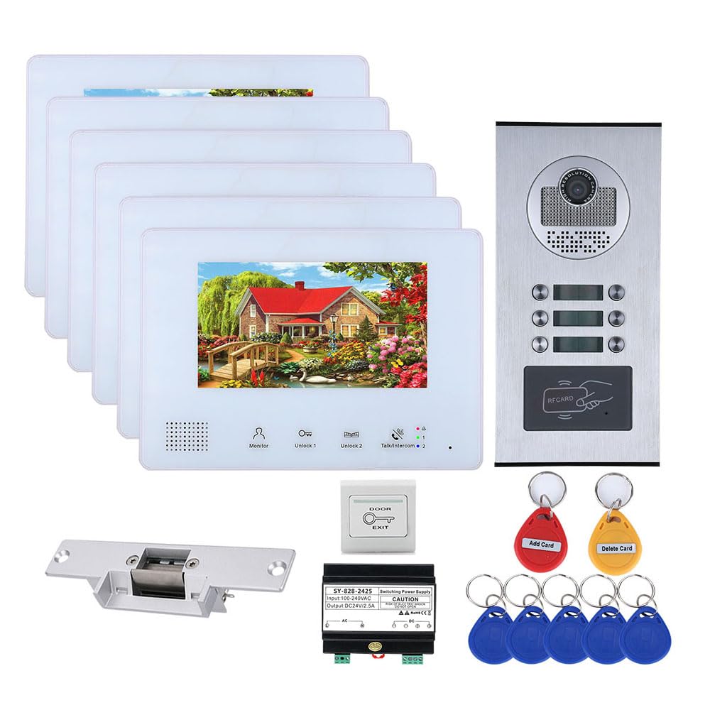 6-Unit Home Apartment Visual Intercom Doorbell System,7" LCD Screen Bus 2pin Wired Video Door Phone Kit,for Home Night Vision+ Cathode Lock(1 Doorbell