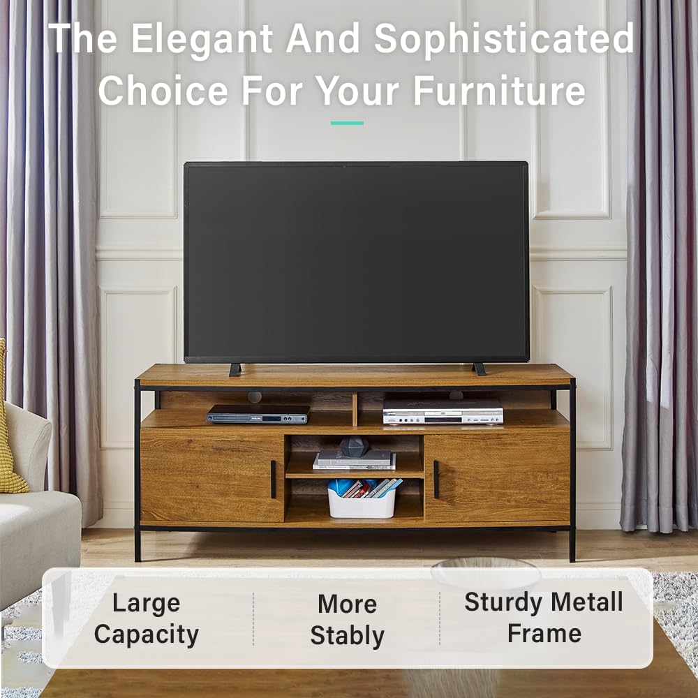 Caffoz Furniture Designs Wide Entertainment Center TV Media Stand with Two Doors and Storage Shelves | Sturdy | Easy Assembly | Wood Look Accent Furniture with Metal Frame