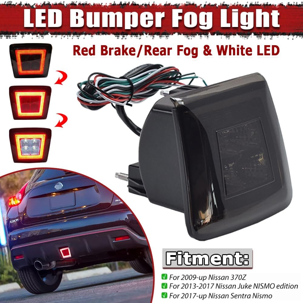 LED Bumper Fog Light Kit Compatible with 2009-2016 Nissan 370Z & 2013-17 Juke Nismo, Powered by Red Brake/Rear Fog & White LED as Backup Reverse Lamp (Smoked Lens)