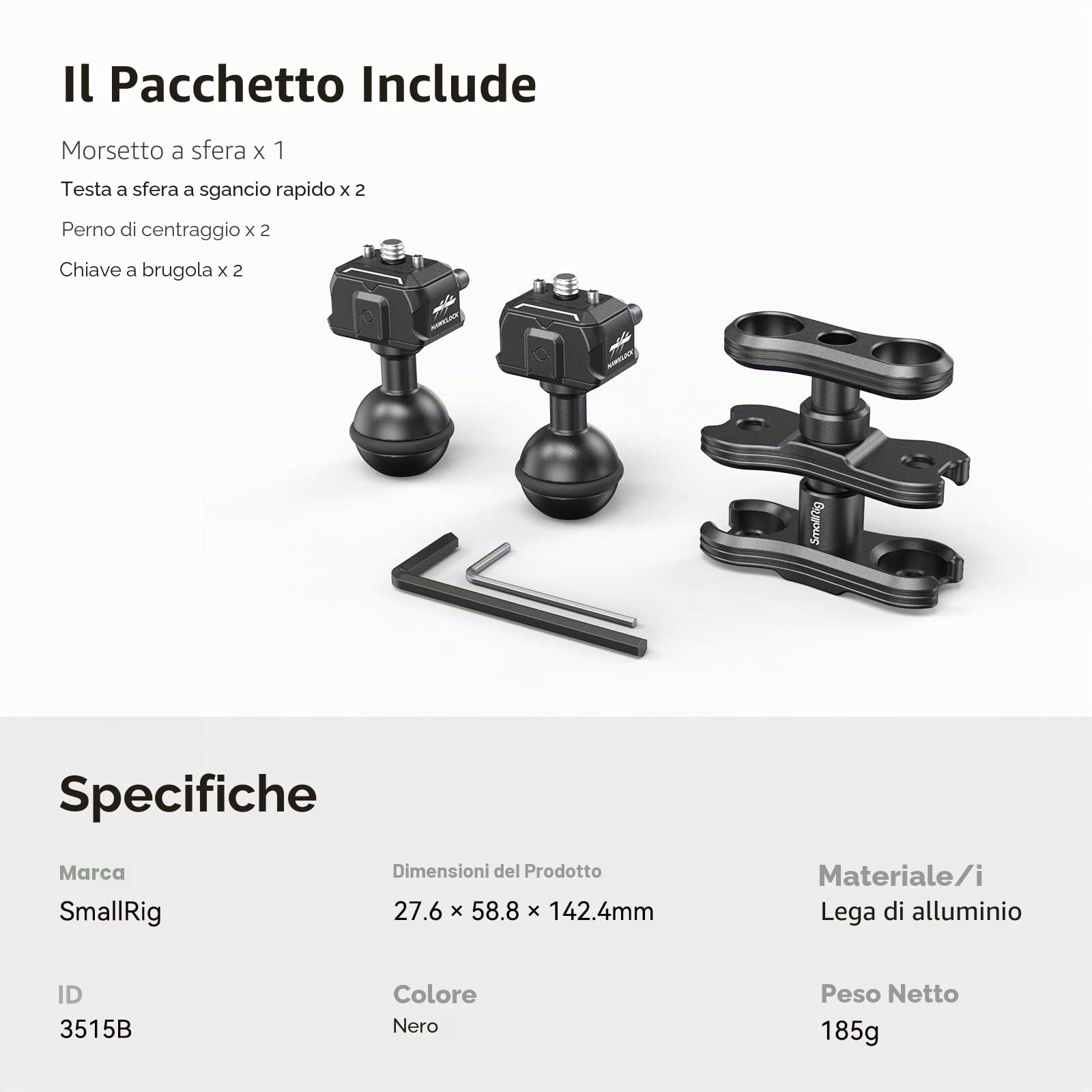 SMALLRIG Braccio Magico HawkLock Drop-in con Doppia Testa a Sfera a Sgancio Rapido (Vite 1/4"-20) Supporto Monitor per Monitor da Campo, Luci, Registratori Audio - 3515C