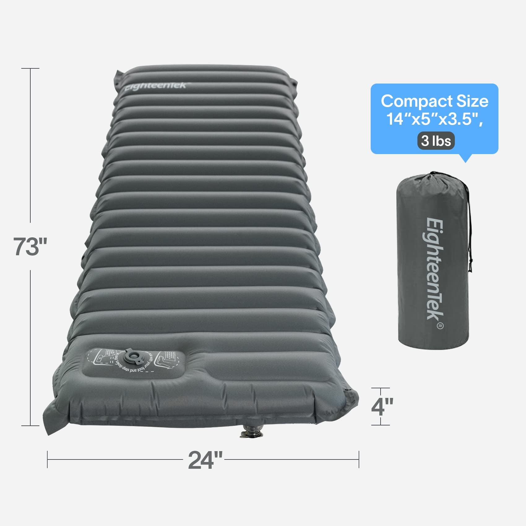 EighteenTek Sleeping Pad Mat Camping Sleeping Pad, Thick 4 Inch Camp Mattress Pad, Built-in Foot Pump Fast Self Inflating Sleeping Pad Backpacking for Hiking Ultralight