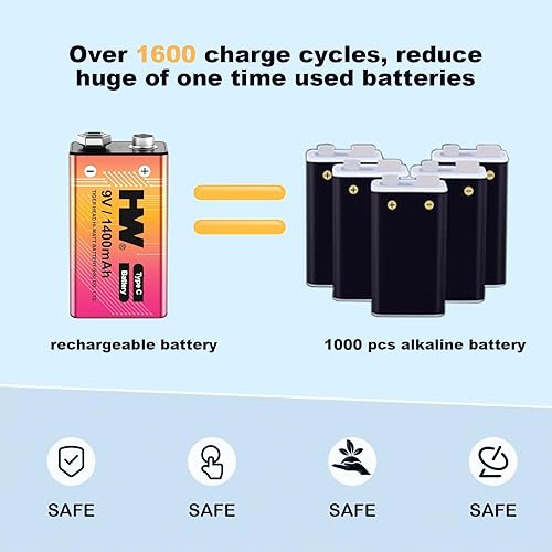 Miniatura 4 de HW Baterías actualizadas de 1400 mAh de 9 V, paquete de 4 baterías de litio recargables USB para detectores de humo, carga rápida USB-C, 1600 ciclos