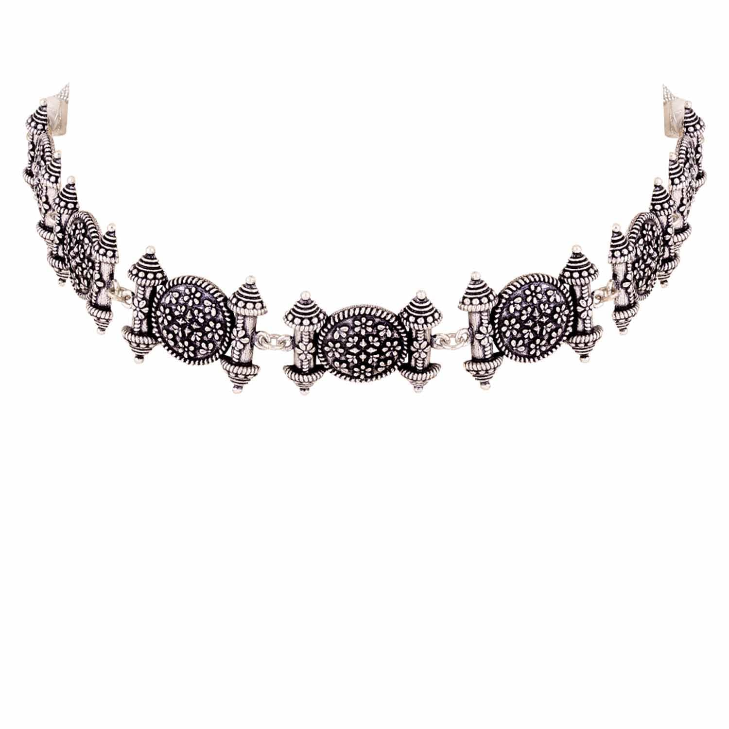 Silver Oxidised Brass Temple Design Boho/Tribal Style Chokker Necklace for Women and Girls-image-37