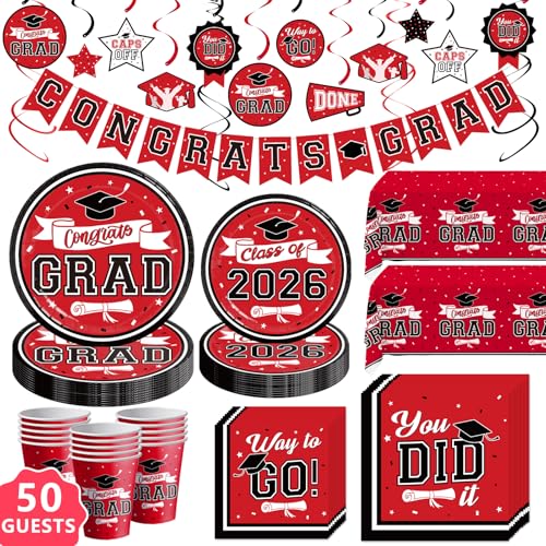 DAZONGE Graduation Decorations 2026 Red and Black 265pcs Disposable Tableware Kit for 50 Guests Plates Napkins Cups Tablecloth and Hanging 2026 Graduation Party Decorations