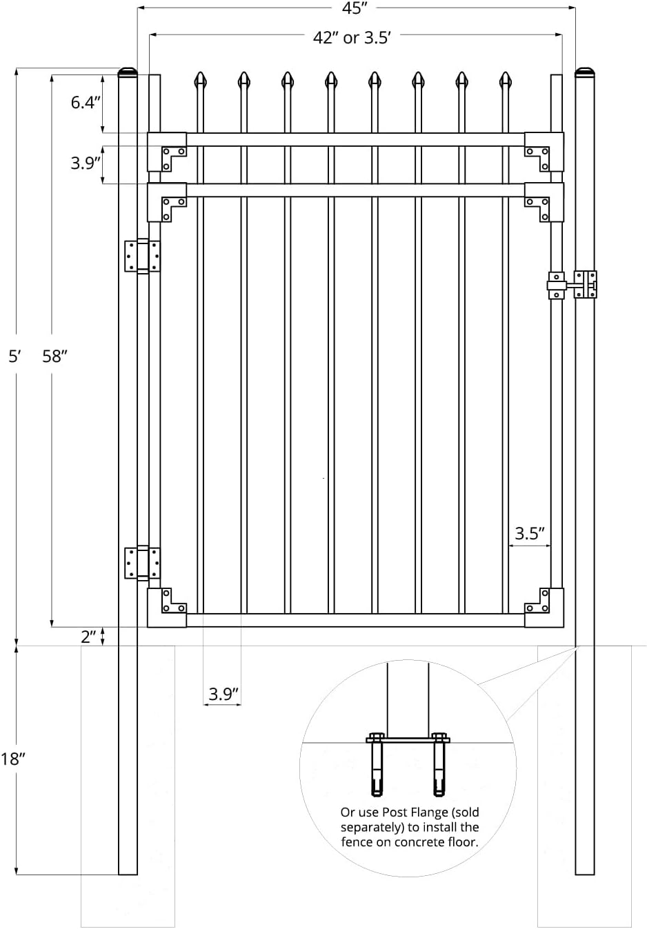 XCEL - Black Steel Anti-Rust Fence Gate - Sharp End Pickets - 4ft W x 5ft H - Easy Installation Kit, for Residential, Outdoor, Yard, Patio, Entry Way, 3-Rail Metal Gate